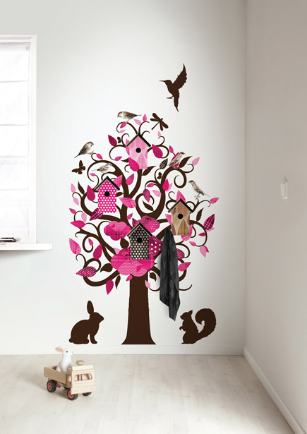 muursticker birdhouse tree - roze
